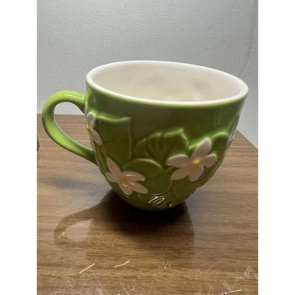 Starbucks | Dining | Starbucks 206 Large Embossed Green Coffee Mug White  Daisy Monstera Leaves 6 Oz | Poshmark